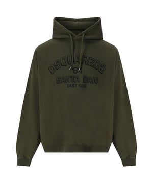 Dsquared2 Green Hoodie, 100% Cotton, Elasticated Sleeve Ends and Bottom, Santa Dan East Side Logo, Drawstring Pulls, Loose Fit, Made In Italy
