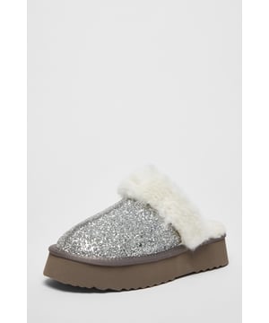 - Glitter finish - Flatform sole - Mule style - Faux fur lining and trim
