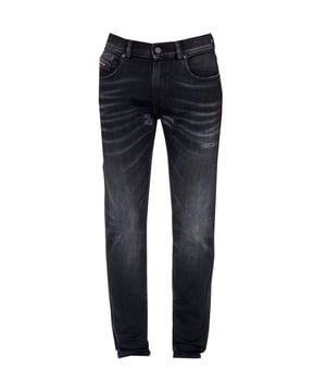 Diesel Black Denim, Diesel Branding On Large Badge Above Back Pocket And Coin Pocket, 99% Cotton, 1% Elastane Stretch Denim, Faded Denim, Slim Fit, Tapered Leg, Button Fasten, Zip Fly, Black Denim Jeans, Destroyed Reinforced Denim.