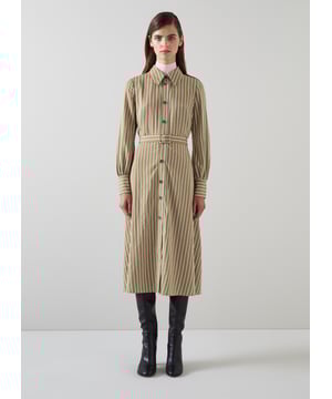 The shirt dress is an LKB sigture, and our new Frances dress takes on a utilitarian twist with feminine flair - and flare. Crafted in Europe from a sustaible viscose rich fabric in tan with green and white stripes, it's a classic collared, button-through style with horn-effect buttons, epaulettes to the shoulders, long sleeves with elegant cuffs, a bucked belt and a midi-length flared skirt. Wear it over a polo neck and long boots now, and shed the layers once the weather warms up.