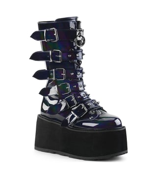 Demonia's Damned 225 is the ultimate mid-calf gothic platform boot. With kaleidoscopic black holographic leather uppers, 6 metal buckles with spiked studs along the front of the lace-up boots and the commanding presence given by the 3.5" thick rubber sole, you will turn heads wherever you go. With a side silver zipper to make it easy to take the boot on and off, this boot excels in comfort, practicality and above all style. Whether you're seeking to make a statement or just want to look good, these shoes are the top choice.