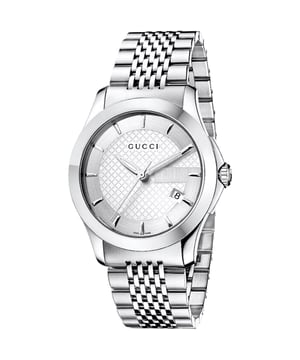 Brand: GucciSeries: G-TimelessModel: YA126401Gender: Men'sWatch Label: Swiss MadeMovement: Quartz Case:Case Size: 38mmCase Thickness: 7mmCase Material: Stainless SteelCase Shape: RoundCase Back: Stainless Steel Dial:Dial Type: AnalogDial Color: Silver with Silver Gucci 'G'Crystal: SapphireHands: Silver-toneBezel: Fixed Stainless SteelCrown: Textured Steel Band:Band Type: BraceletBand Material: Stainless SteelBand Color: Silver ToneBand Width: 20mmClasp: Hidden Deployment Features:Water Resistance: 30 meters / 100 feetCalendar: Date display at the 4 o'clock positionFunctions: Hours, Minutes, Seconds, CalendarFeatures: Stainless Steel Additional Info:Style: Casual WatchesUPC Code: 731903240254