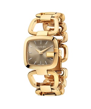 Add statement Italian style to your wrist with this Gucci G Collection gold plated ladies watch. Bringing jewellery-inspired style to a Swiss Made timepiece, this stunning watch is fastened with an elegant gold plated bracelet and features a 24mm gold plated G shaped case. Protected by scratch resistant sapphire crystal, the sophisticated metallic brown dial is adorned with silver baton hour markers and iconic branding at 12 o'clock. Water resistant to 30m and powered by a quartz movement, this Gucci G Collection gold plated ladies watch will add luxurious glamorous to every outfit.