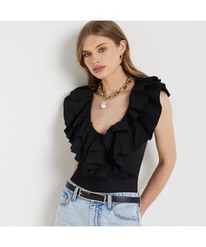 Frill neckline, V-neck, Sleeveless