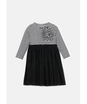 Channel Parisian vibes in our fabulous new midi dress! Super soft stripe jersey bodice with a showstopping corsage and a sumptuous skirt crafted from layers of soft mesh. Merci!.