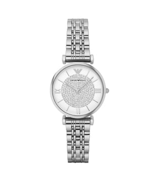 Brand: Emporio Armani Model: AR1925 Gender: Women Style: Fashion Case Material: Stainless Steel Case Color: Silver Case Shape: Round Display Type: Analog Glass: Mineral Glass Crown: Pull Crown Movement Type: Only Time Power Supply: Battery Brand of Movement: Miyota Waterproof: 3atm Case Diameter: 32mm Case Thickness: 7mm Band Material: Stainless Steel Band Color: Silver Closure: Butterfly Clasp with Push Button Strap Width: 14mm