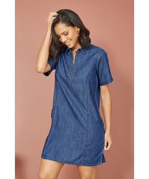 Perfect for everyday wear, crafted from lightweight 100% cotton chambray, this tunic dress is an easy one to reach for in the warmer weather. With a zip up neckline and pockets too. Style with trainers and simple jewellery to serve stylish.