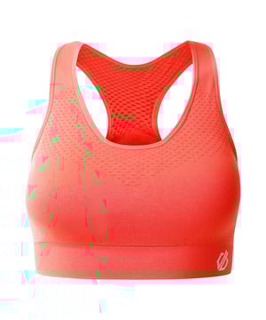 Material: Elastane, Nylon, Polyamide, Polyester. Fabric: Mesh, Q-Wic, Stretch. Design: Logo, Plain. Fabric Technology: Antibacterial, Moisture Wicking, Quick Dry, SeamSmart Technology. Medium Support, Removable Padded Cups, Seamless, Shaped Cups. Back Style: Racerback. Neckline: Scoop. XS: 27 in. S: 29 in. M: 31 in. L: 32 in. XL: 34 in.