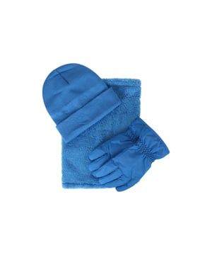 100% Polyester. Fabric: Fleece, Knitted, Soft Touch. Cuff: Adjustable Wrist Strap. Contents: 1 Beanie, 1 Neck Gaiter, Gloves. Reversible. Water Resistant.