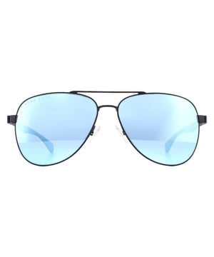 Las gafas de sol Hugo Boss Boss 1077/S FLL 3J Matte Blue Mirror son un clásico estilo barrilete con lentes en forma de lágrima, montura metálica para montura metálica y patillas de plástico con el logotipo de Hugo Boss.
