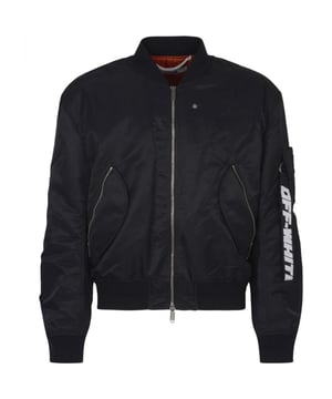 Off-White Industrial Black Bomber Jacket. Make a bold statement in this Off-White Jacket. With this jacket, you'll show off your fashion sense in any setting. Enjoy the cutting-edge style of Off-White while staying protected from wind. Central Zip Closure, Front Pockets. Permanent Collection Item, Made in Italy. Industrial Black Bomber Jacket, 100% Polyester. Style Code: OMEH043C99FAB002 1000