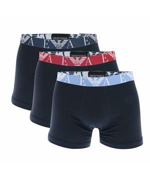 Mens Emporio Armani 3 Pack of Boxers in navy.- Branded elasticated waistband.- 3-piece set.- Stretch cotton comfort fabric.- 95% Cotton  5% Elastane.- XS = 27-29in- S = 30-32in- M = 32-34in- L = 34-36in- XL = 37-39in- XXL = 39-41inWe regret that underwear is non-returnable due to hygiene reasons.  - Ref: 11147371564135