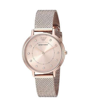 PRODUCT INFO			Case Diameter: 30mm	Case Material: Rose Gold			Water Resistant: 30 Metres	Movement: Quartz (Battery)	Dial Colour: Rose			Strap Material:&nbsp;&nbsp;Rose Gold	Clasp Type: Sliding Buckle			Gender: Female	DESCRIPTION						Women's Emporio Armani classic rose gold tone designer watch. This watch is complete with a quartz movement and stone set markers on a rose dial. It fastens with a rose gold tone ion plated stainless steel&nbsp; bracelet matching insert hands.