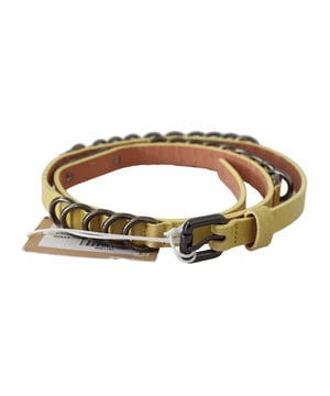 Brand: GALLIANO
  Condition: Brand new with tags
  Style: Classic Skinny Strap Leather Belt
  Color: Yellow
  Hardware: Black-tone
  Closure: Buckle fastening
  Material: Leather
  Motive: Solid pattern
  Adjustable belt
  Made in Italy
  Logo details
Material: Leather