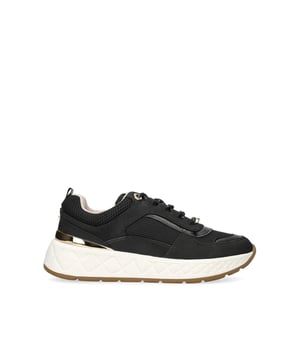 This KG Kurt Geiger Lola sneaker features a black fabric upper with tubular lace up front and gold tone hardware. There is a KG Kurt Geiger branded tab at the heel and a gold tone panel.