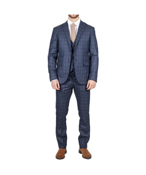 Elevate your formal attire with our Prince of Wales Check Design men's Blue suit, featuring a classic pattern that exudes sophistication and timeless style. Product Design Bullet Points:  
Tailored Fit for a Polished Look: Designed with precision, the tailored fit enhances the silhouette, providing a modern and well-defined appearance that is both stylish and comfortable.
 
Versatile 3-Piece Set: Complete with a jacket, trousers, and matching waistcoat, this ensemble offers a cohesive and put-together look suitable for various formal occasions.
 
Premium Quality: Crafted with attention to detail, the suit is made from high-quality materials for durability and long-lasting wear. The fabric is selected for its comfort, breathability, and resistance to wrinkles, ensuring a sharp appearance throughout the day.
 
Classic Prince of Wales Check Pattern: Adds a touch of sophistication and timeless style to your formal attire.  Made from a blend of 70% Polyester and 30% Viscose, ensuring comfort and durability for a refined finishSizes	Jacket & Trouser Size
36R :	36" (Chest) 30" (Waist)
38R :	38" (Chest) 32" (Waist)
40R :	40" (Chest) 34" (Waist)
42R : 	42" (Chest) 36" (Waist)
44R :	44" (Chest) 38" (Waist)
46R : 	46" (Chest) 40" (Waist)
48R :	48" (Chest) 42" (Waist)
50R :	50" (Chest) 44" (Waist)
52R :	52" (Chest) 46" (Waist)
54R :	54" (Chest) 48" (Waist)