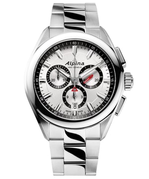 This Alpina Alpiner Chronograph Watch for Men is the perfect timepiece to wear or to gift. It's Silver 41 mm Round case combined with the comfortable Silver Stainless steel watch band will ensure you enjoy this stunning timepiece without any compromise. Operated by a high quality Quartz movement and water resistant to 10 bars, your watch will keep ticking. This fashionable and classic watch matches any outfit at any occasion,it adds style to your life -The watch has a calendar function: Date, Swiss Made, Stop Watch, Luminous Hands, Luminous Numbers High quality 21 cm length and 21 mm width Silver Stainless steel strap with a Deployment clasp Case diameter: 41 mm,case thickness: 11 mm, case colour: Silver and dial colour: Silver