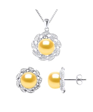 SET: Necklace Freshwater Pearl button 9-10 mm - GOLD - FLOWER PATTERN - Entourage OXIDE - Venetian Maille 925 Thousandth rhodium - Length: 42 cm & Earrings Freshwater Cultured Pearl Button 8- 9 mm - FLOWER PATTERN - Entourage OXIDE - GOLD - strollers System - 925 thousandth rhodium - Delivered in a case with a certificate of authenticity and an international guarantee - All our jewels are made in France.