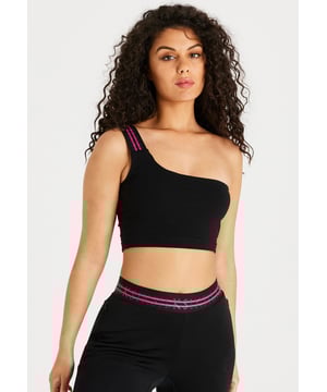 inchBlack Tape One Shoulder Crop BraletteCrop fitSoft touch fabricBranded silicone elastic tape strapBranded woven label at seamMachine wash92% Cotton 8% ElastaneModel 5ft 8in and wears a size XS inch