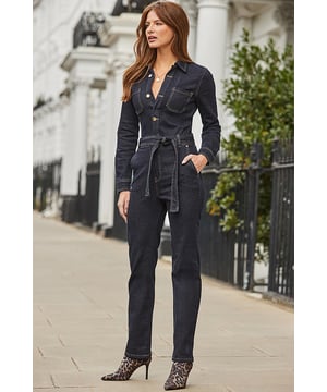 The ultimate outfit-in-one Crafted from the softest indigo denim Cut for a comfy relaxed fit Classic slim cut skims your legs Waist-cinching tie belt Dress it down with trainers or do smart-casual with ankle boots Inside leg to fit: Short 29" | Regular 31" | Long 33"