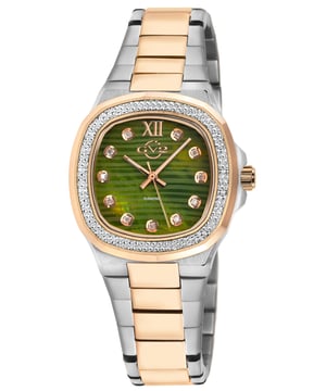 – meaning strong, powerful, solid – is a collection not for the faint of heart. With an allure that radiates the kind of power only a true lady can handle, Potente exudes undeniable strength and a divinely feminine touch.
Designed to capture the eye and command any room, the Potente Collection features an elegant mother of pearl pin cushioned textured dial surrounded by 18 brilliant diamonds, because out of great pressure
comes unmistakable beauty. The pin cushioned case and diamond cut bezel, each crafted with exemplary care, perfectly offset the classic bracelet with deployment buckle marrying ladylike and steel. With the
dynamism and stability of Swiss quartz movement, this watch is a tour de force.
The Potente Lady Collection is an unwavering masterpiece to behold. Don’t settle for anything less. Get noticed, be bold – Potente.
GV2 18207B Women's Potente Lady Swiss Diamond Watch
GV2 Women's Swiss Watch from the Potente Lady Collection
33mm 316L Stainless Steel/IPRG Pin Cushioned Case, Diamond cut Bezel
Green MOP Pin Cushioned textured dial with 18 Diamonds
Push/Pull Crown
Two-Toned SS/IP Rose Gold Bracelet with Deployment Buckle
Anti-reflective Sapphire Crystal
Water Resistant to 50 Meters/5ATM
Swiss Quartz Movement Ronda 763