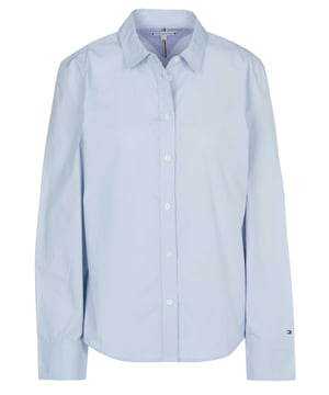 100% algodón; blusa Tommy Hilfiger;  Modelo: WW0WW39401 C1O;  Mano de obra de alta calidad;  100% algodón;  cuello Kent;  tira de botones;  manga larga;  Detalles del logo de Tommy Hilfiger