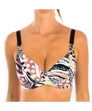 Top bikini de mujer.
 Corte de sujetador super favorecedor, con aros y tirantes regulables, sobre un animado estampado.
Tejido de vanguardia con un alto poder moldeador, con una alta resistencia al cloro, cremas y aceites bronceadores y excelentes propiedades de absorción de la humedad.
 Composición: Exterior: 80% Poliamida, 20% Elastano; Interior: 47% Elastano, 27% Lycra, 26% Poliamida.
 Cuidados:
Lavar a mano.
No planchar ni utilizar lejía.
No secar en secadora.
No retorcer para escurrir.