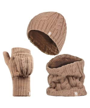 This ladies chunky cable set is knitted in an attractive, soft marl two-coloured twist yarn with a ribbed hem and incorporates the latest Heatweaver thermal lining, a luxurious, plush fur-like insulating fabric, that maximises the amount of warm air held close to the skin. It also feels so soft and silky, They are bliss to pull on when the weather turns colder! Protective Cuff - Improves fit and provides a protective sleeve that hugs the wrist for extra warmth and comfort. Heat Holders Converter Mitt - 2.3 tog Heat Holders' versatile converter mitt can simply fold over the fingers to create a warm and cosy mitten. Heat Holders Hat - 3.4 Tog rating - the tog rating is a measurement for the thermal ability of a garment Neck Warmer - Simply slip over the head with Heatweaver thermal lining, 3.5 tog