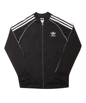 Junior Boys adidas Originals Superstar Track Top in black.- Full zip with ribbed bomber collar.- Long sleeves with elastic cuffs.- Ribbed cuffs and hem.- Front pockets.- Finished with the classic Trefoil to the chest and contrasting white 3-Stripes down the arms. - Regular fit.- 100% Polyester.  Machine washable.- Ref: DV2896