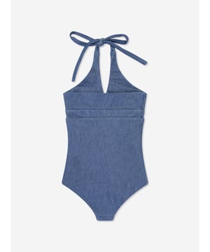 Take poolside cool to another level with this girls blue halterneck swimsuit from AY by Ayla. The denim-style piece looks just as good out of the water as it does making a splash. Layer under a skirt for a sophisticated look. An elasticated band across the chest ensures a comfortable fit for free and easy movement. Halterneck Tie Fastening Elasticated Fit