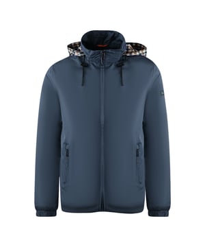 Aquascutum Plain Navy Blue Hide Hood Lightweight  Jacket. This Aquascutum Navy Blue Lightweight Jacket features Brand Hood, with the signature print. Its windbreaker fabric also provides excellent protection against the elements. Central Zip Closure, Zip Closure Pockets, Regular Fit. Branded Print On Inner Hood, Plain Jacket, Hooded Coat. Thin Coat, Pulls On The Hood, 100% Polyester. Style Code: JK007 11