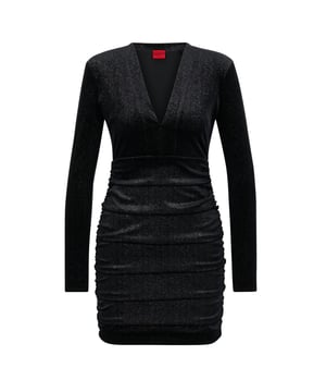 Womens HUGO NibyII Dress in black.- V- neck.- Long sleeves.- Ruched detail.- Lined.- Ref: 50483173001