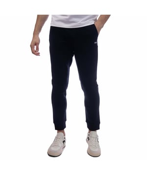 Mens BOSS Hadiko 1 Tracksuit Bottoms in dark blue.- Elasticated waist with drawcord.- Front slant pockets.- Rear patch pocket with repeat embroidered logo stripes.- Ribbed cuffs.- Embroidered BOSS logo at left thigh.- 47% Cotton  46% Polyester  7% Elastane.  Machine washable.- Ref: 50497194402