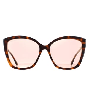 Jimmy Choo Cat Eye Womens Havana Pink Gold Mirror Nat/S  Sunglasses are a gorgeous cat eye style with a crystal detail at the temple next to a metal plaque with the Jimmy Choo lettered logo..