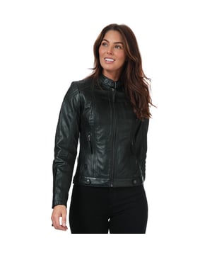 Womens Elle Annette Leather Jacket in black.- Collar with buckle.- Long sleeves with zipped cuffs.- Leather zip pulls.- Front zipped pockets.- Fully lined.- Lining: 100% Polyester.- Ref:ANNETTE