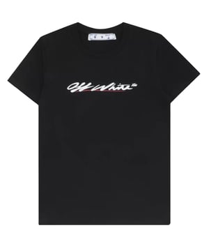 Blijf stijlvol met dit Off-White Slim Fit T-shirt. Dit T-shirt heeft een iconisch logo op de borst en zal zeker een gespreksstarter zijn. Pronk met je unieke stijl!, Iconisch logo op de voorkant, Effen achterkant, Gebroken wit zwart T-shirt, Slim fit, 100% katoen, Gemaakt in Portugal, Ronde hals, Streetwear, Korte mouwen, Zwart T-shirt
