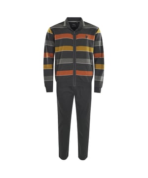 Bequemer Homewear-Anzug von der Marke hajo. Set aus gestreifter Zipper-Jacke und einfarbiger Hose. Interlock aus weichem Baumwoll-Mix - bügelfrei, atmungsaktiv, hautsympathisch.