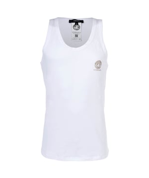 Hochwertiges Herren Unterhemden mit Rundhals-Ausschnitt der Marke VERSACE. 
Elastische Baumwoll-Jersey Qualität, mit goldenem VERSACE-Logo-/Medusa-Print.