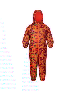 Childrens hooded rainsuit made of Isolite lightweight Polyester fabric. Waterproof and breathable. Durable water repellent finish. Taped seams. Thermo-Guard insulation. Fleece lining to body and hood. Grown on hood. Elasticated waist and cuffs. Reflective trim. Ideal for wearing outdoors on a cold day. 100% Polyester.