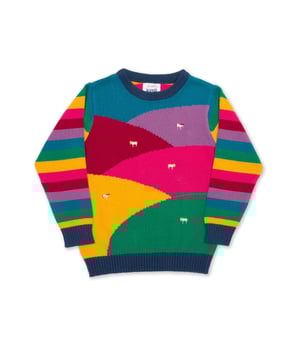 100% organic cotton | Proud to be certified by Control Union to the Global Organic Textile Standard (GOTS) | Isle of Purbeck intarsia design with pony embroidery | Rainbow knit | Midweight knitwear | Long sleeved | Round neck | Navy blue ribbed neck, cuffs and hem | Made in India | Machine washable at 40 degrees, or at 30 degrees to be kinder to the planet