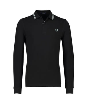 Polo Fred Perry negro, estampado en el cuello, cierre de botones en el cuello. 100% Algodón, Manga Larga, Polo Negro
