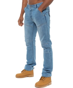 Turn up your style a notch with the latest midwash mens jeans. Enzo straight fit jeans in cotton blend blue denim feature a zip fly, double belt loops, seams at knee and thigh and back pockets with flaps. Straight leg jeans never go out of style and are perfect for relaxed weekends; tailored to sit just below the natural waist, they suit all figure types and with sizes up to 48, theres a pair of Enzo jeans to fit everyone. Also available in Blue, Grey and Black.