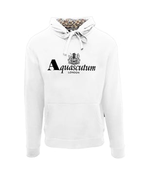 Aquascutum Classic Waterfield Logo White Hoodie. Aquascutum Classic Waterfield Logo White Hoodie. Elasticated Sleeve Ends and Waist, Drawstring Hood. 100% Cotton Sweatshirt, Large Kangaroo Pocket. Regular Fit, Fits True To Size. Style Code: FCIA01 01