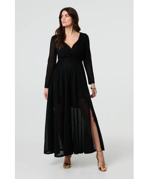 Whether it's a black tie event, a wedding or a formal party; you'll look beautiful in this maxi dress. It has a flattering v-neck and empire waist, with long sleeves and an a-line skirt. The semi sheer metallic fabric and side splits give it a Hollywood glamour finish, ready for the red carpet.