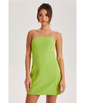 Model is 5'6 and wears a size S.  A-line fit, Bandeau neckline, Sleeveless, Zip fastening, Mini length.