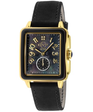 GV2 9263 Reloj Bari esmaltado de cuarzo suizo con diamantes Reloj GV2 para mujer de la colección Bari Caja cuadrada IPRG de acero inoxidable 316L de 37 mm, bisel esmaltado blanco Esfera MOP blanca, 4 diamantes a las 12:00, anillo con corte de diamante marrón claro a las 6:00 Push Pull Corona estriada con piedra de cabujón azul Correa de cuero genuino de gamuza italiana con hebilla de espiga Cristal de zafiro antirreflectante Resistente al agua hasta 50 metros/5 ATM Movimiento de cuarzo suizo Ronda 1069