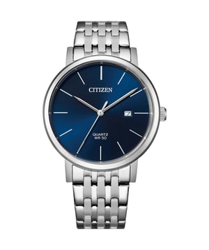 This Citizen  Analogue Watch for Men is the perfect timepiece to wear or to gift. It's Silver 40 mm Round case combined with the comfortable Silver Stainless steel watch band will ensure you enjoy this stunning timepiece without any compromise. Operated by a high quality Quartz movement and water resistant to 5 bars, your watch will keep ticking. The classic colours will go great with any outfit . It enables you to easily spice up a normal outfit and add style to your life. -The watch has a calendar function: Date High quality 21 cm length and 19 mm width Silver Stainless steel strap with a Fold over with push button clasp Case diameter: 40 mm,case thickness: 8 mm, case colour: Silver and dial colour: Blue