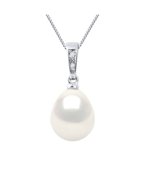 Diamond Pendse 0.010 CTS (2 x 0,050 cts) - HSI de calidad (color H - Calidad SI1) - True perla cultivada pera de agua dulce 9-10 mm - calidad AAAA + - Colori Natural White - Este colgante se entregará con una cadena 925 milésimo. Longitud 42 cm disponible - Garantía de oro blanco de 375 milésimas - 2 años - Entregado en un caso con un certificado de autenticidad y una garantía internacional: todas nuestras joyas se hacen en Francia.
