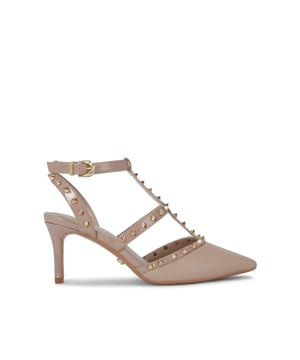 The Carvela Samba Court heel features a taupe upper with statement gold studs across the straps. The enclosed toe is pointed and the heel is in a stiletto style. Heel height: 70mm.