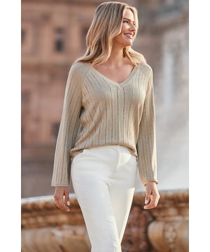 REASONS TO BUY:

A little sparkle is always a good idea
Comfy-chic relaxed fit
Spun from shimmering metallic yarn with a pretty pointelle detail
Fluted cuffs create a stunning silhouette
Do smart-casual with denim and ankle boots
Dress it up with leather trousers and platforms